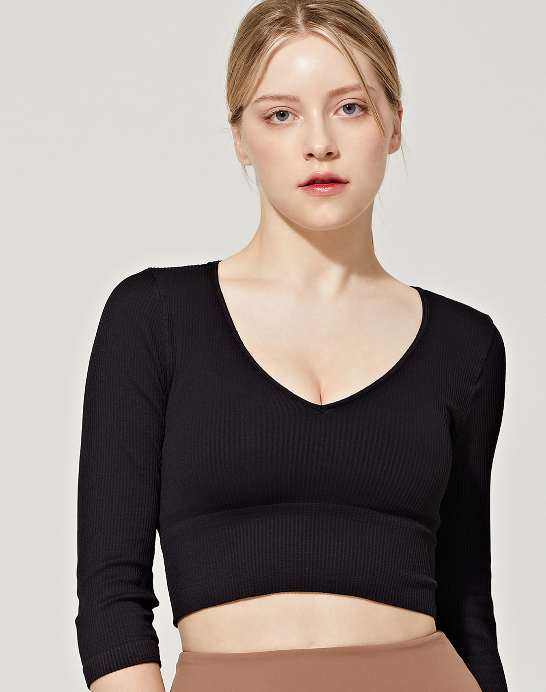 Ribbed 3/4 Sleeve V Neck Crop Top (VN2TS401ZB)