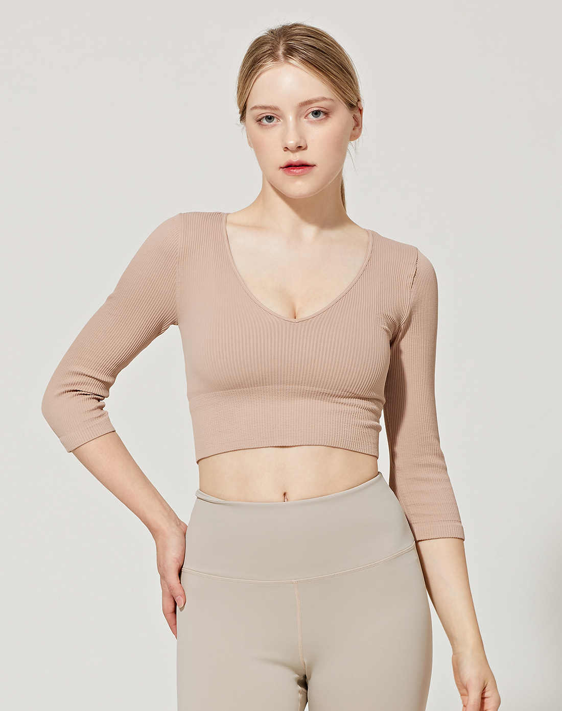 Ribbed 3/4 Sleeve V Neck Crop Top (VN2TS401BF)